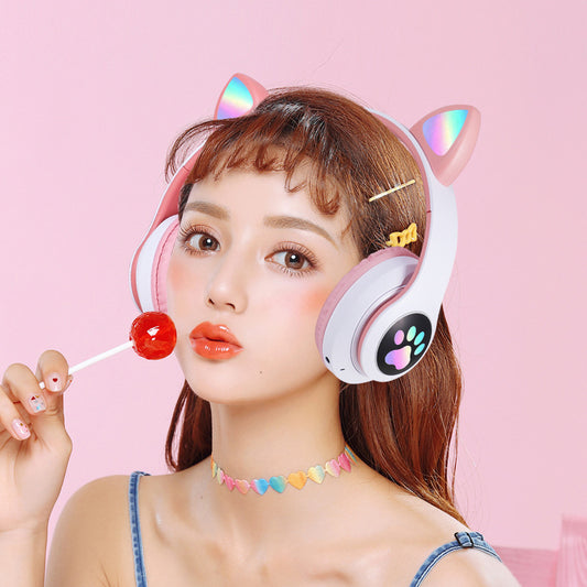 Head-mounted Bluetooth Headset Cat Ear Subwoofer Flashing Light Wireless Sports Card Headset